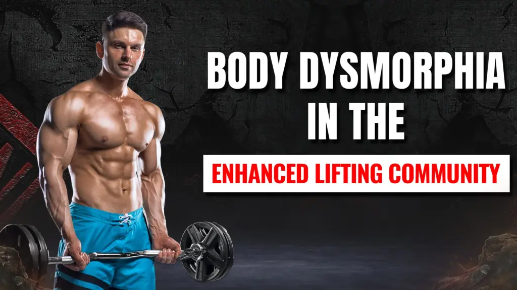 Enhanced bodybuilder looking at reflection, symbolizing body dysmorphia and struggles with self-image.