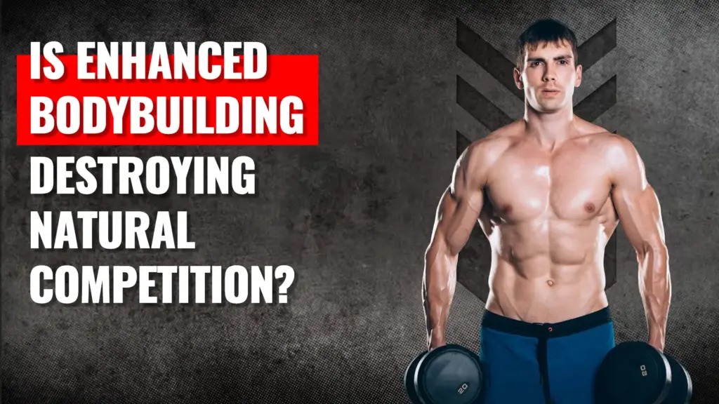 Natural and enhanced bodybuilders on stage showing the contrast between physiques