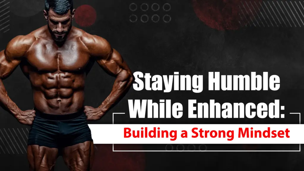 Bodybuilder training with discipline, showing humility and focus while enhanced