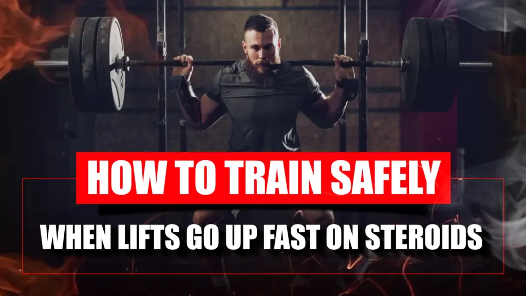Athlete training safely with heavy weights while focusing on proper form and joint protection during rapid steroid strength gains